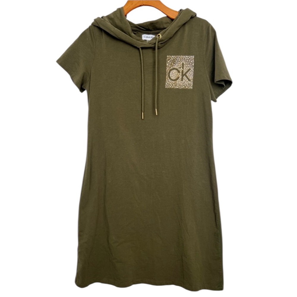 Calvin Klein Women's Size L Hoodie Rhinestone Shirt Dress Olive Green Stretchy